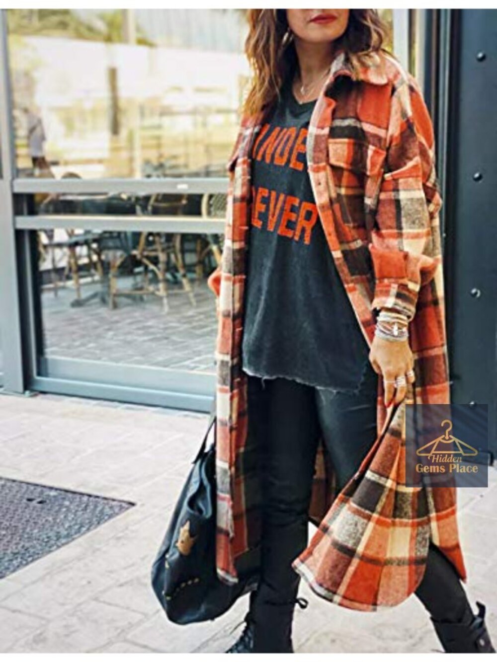 Women's Long Plaid Flannel Button Down Jacket Coat Fall - Picture 4 of 6